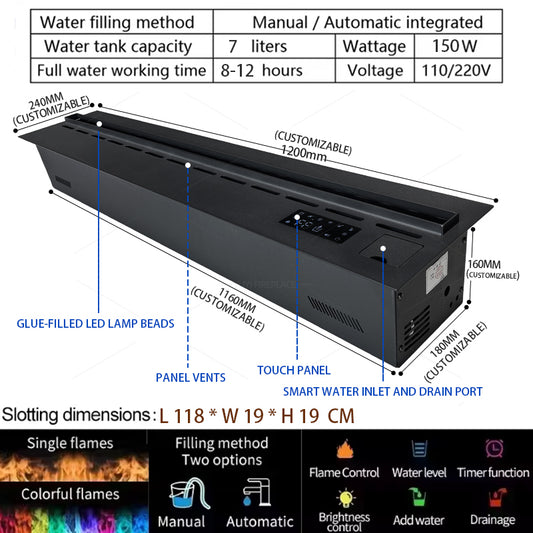 120CM 3D Atomized Water Fireplace with Colorful Mist Flame, Eco-friendly Indoor Decorative Vapor Fireplace, Customizable LED Effects