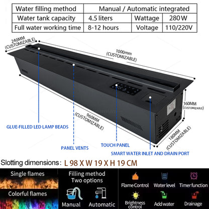 100CM 3D Vapor Electric Fireplace for Living Room — Smart Simulated Flame, Atomizing Water Mist, App & Remote Control Fireplace